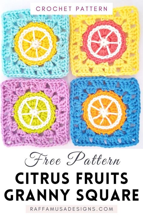 a collection of 4 citrus fruits granny squares representing a lemon, an orange, a lime, and a grapefruit Lime Granny Square, Lemon Pattern Crochet, Citrus Granny Square Pattern, Crochet Orange Granny Square, Citrus Crochet Blanket, Lemon Slice Granny Square, Lemon Granny Square Crochet Pattern, Crochet Fruit Granny Square Pattern, Crochet Orange Pattern