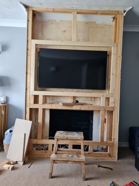 Media Wall Ideas With Log Burner, Sunken Tv In Wall, Tv Wall Log Burner, Media Wall On Chimney Breast, Tv On Chimney Wall Ideas, Log Burner Under Tv, Media Wall With Log Burner, Built In Tv Wall Unit With Log Burner, Built In Tv Wall Unit With Wood Burner