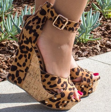 Tabbie Tall Cork-Covered Wedges Leopard Print Wedges, Leopard Wedges, Cute Shoes Heels, Buckles Fashion, Animal Print Shoes, Platform Wedge Heels, Red Heels, Fabulous Shoes, Hot Shoes