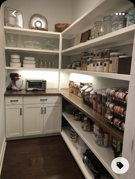 Pantry Organization Ideas Canned Goods, Pantry With Countertop And Shelves, Small Pantry With Cabinets And Counter, Larder Cupboard Ideas Walk In, Long Narrow Pantry Layout, Rectangle Pantry Ideas, Black Pantry Ideas, Pantry With Sink Walk In, Walkin Pantry Ideas Open Shelves