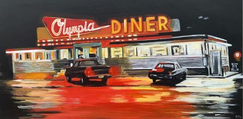 Diner Painting, Paint Board, Googie Architecture, Vintage Diner, Building Painting, Bus Tour, Street Painting, Retro Diner, American Diner