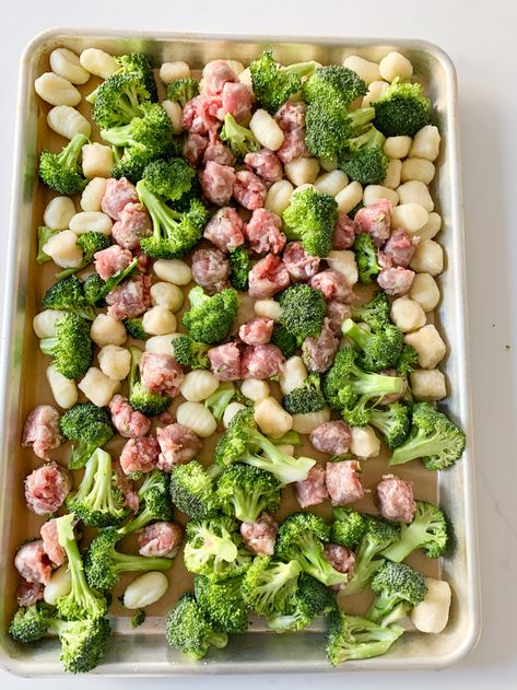 Sheet Pan Gnocchi with Sausage & Broccoli {5 Ingredients!}| Food Play Go Gnocchi Sausage Sheet Pan, Sheet Pan Dinners Gnocchi, Sheet Pan Gnocchi Recipes, Gnocchi And Broccoli, Gnocchi Sheet Pan Dinner, Sheet Pan Gnocchi With Sausage, Gnocchi With Sausage, Crispy Gnocchi, Sheet Pan Gnocchi