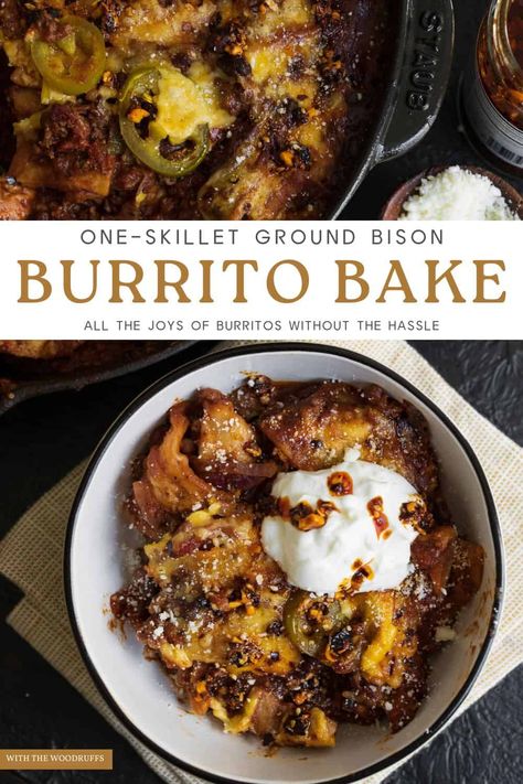 Ground Bison Burrito Bake Burrito Bake, Ground Bison Recipes, Braces Food, Bison Recipes, Ground Bison, Burrito Casserole, Anti Inflammation Recipes, Roasted Tomato Sauce, One Skillet Meals