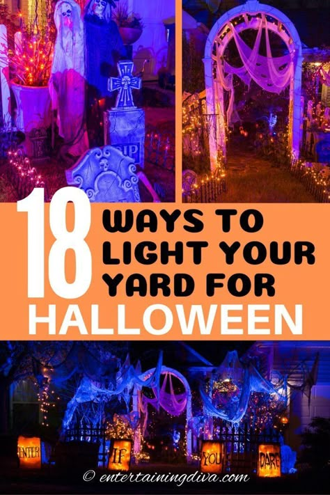 How To Light Up Your Yard For Halloween, Diy Backyard Halloween Party, How To Light Up Halloween Graveyard, Patio Halloween Decorations, Halloween Decorations Outdoor On A Budget, Outside Halloween Ideas, Halloween Yard Entrance, Haunted Outdoor Decorations, Spooky Halloween Graveyard Ideas