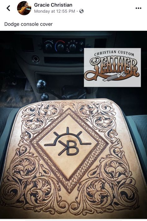 Hand tooled leather console cover Leather Center Console Cover, Leather Console Cover, Tooled Leather Truck Interior, Tooled Leather Console Cover, Tooled Leather Ideas, Best Car Interior, Pickup Accessories, Custom Leather Work, Leather Working Patterns