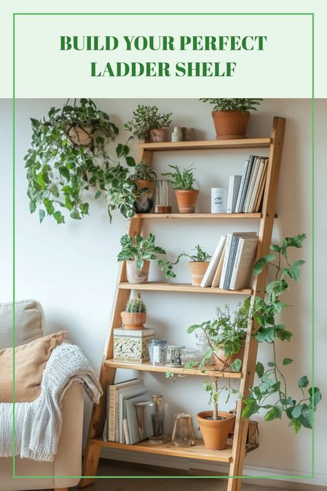 Explore a DIY guide for building a stylish ladder shelf for home organization. This pin includes one image showcasing essential steps for creating functional storage in any room. Build A Ladder, Diy Ladder Shelf, Tackle Storage, Diy Ladder, Ladder Shelf, A Ladder, Fun Diy, Extra Storage, Your Aesthetic