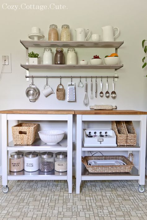 And more storage underneath! Read more here. Ikea Kitchen Cart, Bakery Studio, Ugly Kitchen, Organiser Cucina, Cocina Ideas, Ikea Hack Kitchen, Kitchen Ikea, Laundry Ideas, Rachel Ashwell