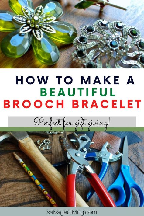 Repurpose vintage beautiful old brooches into cool, funky fun bracelets. They also make great gift ideas! #salvagedliving #upcycled #repurposed #diybroochbracelet Broaches Diy Ideas, Unusual Jewelry Handmade, Diy Brooch, Upcycle Jewelry Ideas, Upcycled Jewelry Diy, Old Jewelry Crafts Ideas, Leather Glue, Brooch Diy, Antique Brooches