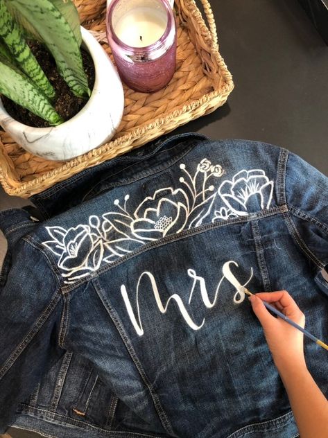 Mrs Hand Painted Floral Handlettered Denim Jacket | Etsy Denim Mrs Jacket, Mrs Jean Jacket, Jean Jacket Mrs, Mrs Denim Jacket, Denim Jacket With Last Name, Bride Painted Jean Jacket, Bride Jean Jacket, Hand Painted Jean Jacket, Painted Jean Jacket