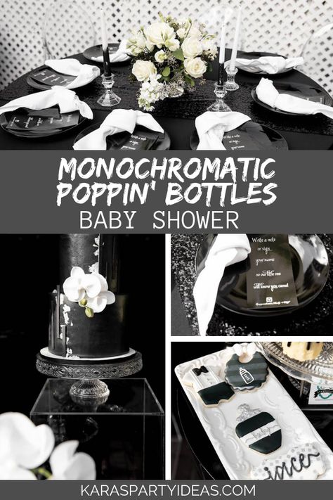 Monochromatic Poppin' Bottles Baby Shower via Kara's Party Ideas - KarasPartyIdeas.com Popping Bottles Baby Shower Theme Decor, Monochrome Baby Shower Ideas, Poppin Bottles Baby Shower Theme Decor, All Black Baby Shower Theme, Popping Bottles Baby Shower Theme, Poppin Bottles Baby Shower Theme, Black And White Baby Shower Ideas, Black Baby Shower Ideas, Poppin Bottles Baby