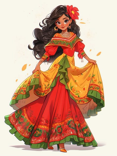 Mexican Female Outfits, Hispanic Character Design, Mexican Oc, 5k Instagram Followers, Designing Characters, Kawaii Punk, Cartoon Dress, Hispanic Art, Traditional Mexican Dress