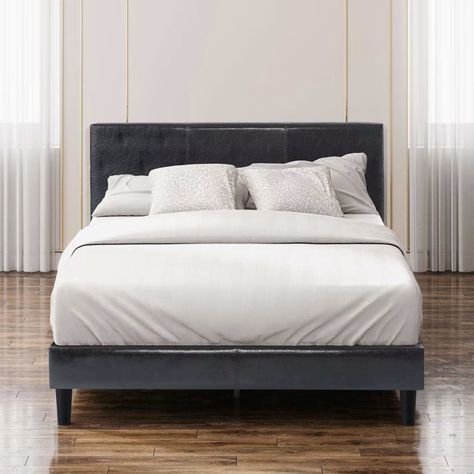 Jade Faux Leather Upholstered Platform Bed Frame with Short Headboard Apartment Bedroom Furniture, Short Headboard, Lake House Bedrooms, Decorate Airbnb, Grey Upholstered Bed, Platform Bed Frames, Geometric Headboard, Platform Bedroom, Fabric Bed Frame