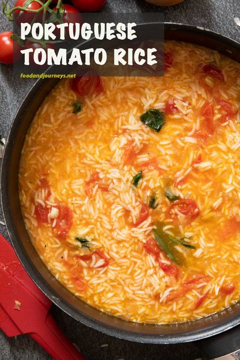 Deliciously packed with flavor, Arroz de Tomate is ready for serving in thirty minutes. Easy-peasy preparation, try this traditional Portuguese dish for tomorrow night! You will not regret it! #sidedish Portuguese Rice, Rice Side Dish Recipes, Tomato Dishes, Tomato Rice, Rice Side Dishes, Rice Dish, Portuguese Recipes, Idee Pasto Sano, Tomato Recipes