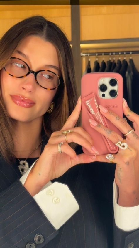 Hailey Bieber (via rhode's IG Story) - June 20, 2024 Haley Bieber, Celebrities With Glasses, Hayley Bieber, Glasses Outfit, Miu Miu Glasses, Glasses Inspiration, Hailey Bieber Style, Kylie Jenner Style, Style Inspiration Casual