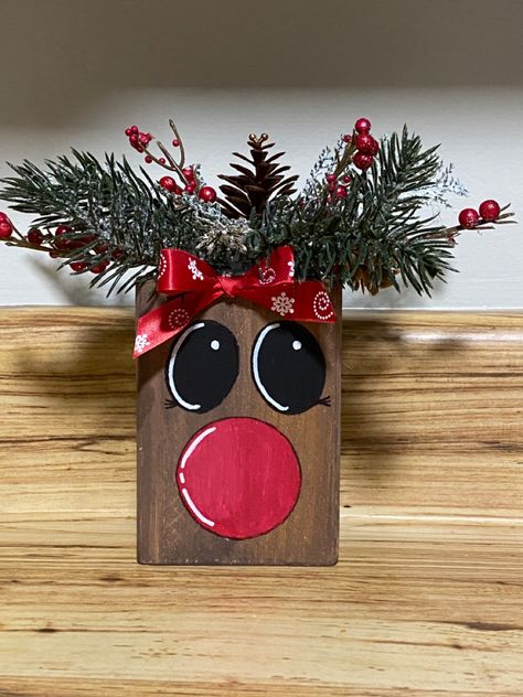 2x4 Rudolph, Diy Wood Block Reindeer, Reindeer Out Of Wood, Reindeer Wood Blocks, Wood Reindeer Craft, 4x4 Wood Crafts Christmas, 2x4 Reindeer, Dollar Store Jenga Block Crafts, Reindeer Wood Crafts