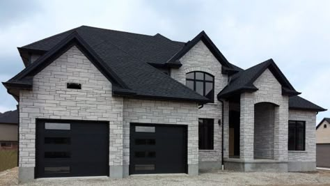 Grey Brick Houses, Brick House Exterior, Black Garage Doors, Black Garage, Stone Exterior Houses, Brick Exterior House, White Brick, Luxury Homes Dream Houses, Stone Houses