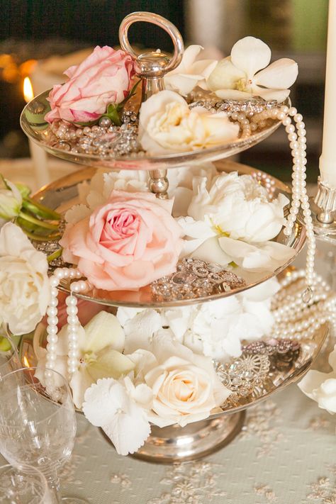 A Downton Abbey Style Wedding | Strictly Weddings Vintage Wedding Centerpieces Pearls, Pearl Wedding Centerpieces, Vintage Wedding Centerpieces, Flowers And Pearls, Shabby Chic Design, Wedding Reception Ideas, Chic Bridal Showers, Vintage Bridal Shower, Rustic Vintage Wedding