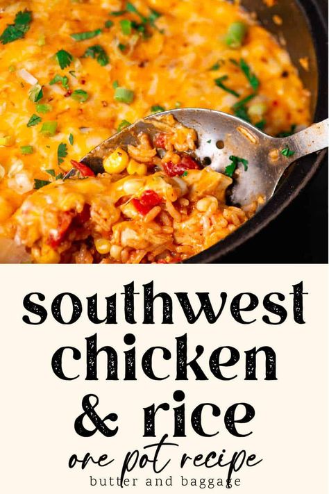 This simple one pot Southwest Chicken and Rice can be made start to finish in forty minutes. Enchilada sauce, Rotel tomatoes and taco seasoning form the Tex-Mex flavors in this delicious weeknight recipe. Chicken Cheese And Rice, Southwest Chicken And Rice, Tex Mex Chicken, Chicken Over Rice, Chicken And Rice Casserole, Easy Chicken And Rice, Entertaining Food, Chicken Dishes Easy, Southwest Chicken