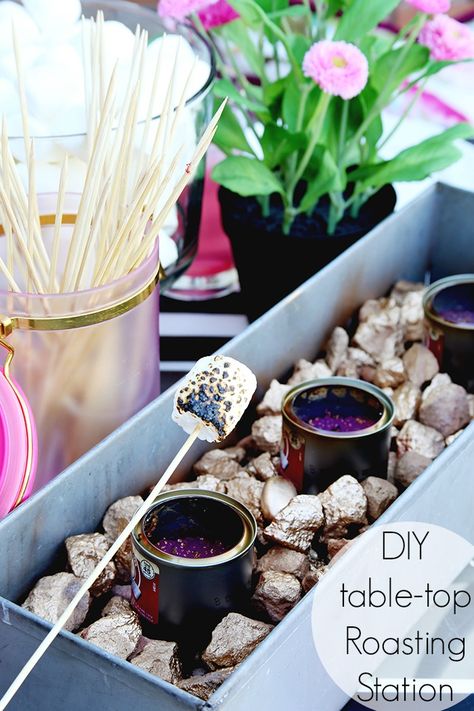 DIY Table Top Roasting Station for a s'mores night! - Click for tutorial - www.classyclutter.net Smores Party, Marshmallow Roasting, Diy Table Top, Bonfire Night, S'mores, Diy Cans, Recipe Organization, Party Entertainment, S Mores