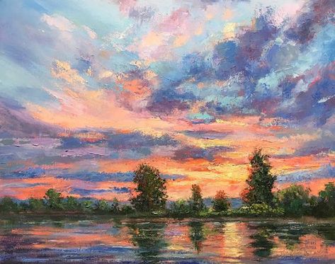 Sunset Painting Oil Paint, Famous Landscape Artists, Oil Painting Landscape Realistic, Oil Paint Landscape, Impressionist Paintings Landscape, Oil Landscape Paintings, Impressionistic Paintings, Nature Oil Painting, Painting Sunrise