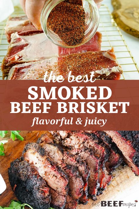 Our Smoked Beef Brisket recipe is melt-in-your-mouth juicy and delicious. Using a simple but flavorful rub, smoking a beef brisket has never been so easy and so rewarding! Your whole neighborhood will be jealous from the smell! Brisket In Smoker Recipes, Easy Smoked Brisket, Smoker Brisket Recipes, Brisket Smoker Recipes, Beef Brisket Recipes Smoked, Electric Smoker Brisket, Smoked Brisket Recipes Electric Smoker, Smoked Brisket Recipes, Smoker Recipes Brisket