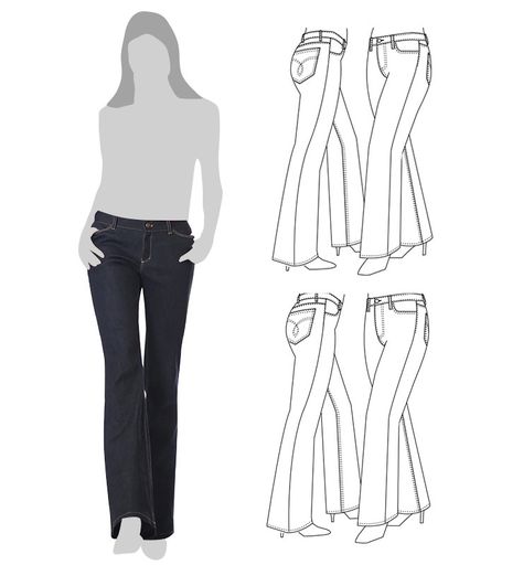 Sewing Pattern for women’s flared leg, boot cut stretch jeans. Low and mid-rise options. Zip fly with button closure. Back yoke. Waistband. Belt loops. Front slash pockets and back patch pockets. Bootcut Pants Sewing Pattern, Low Rise Jeans Sewing Pattern, Sewing Jeans Pattern, Low Waisted Baggy Jeans, Jeans Sewing Pattern, Altering Jeans, Jeans Sewing, Bow Jeans, Sewing Patterns For Women