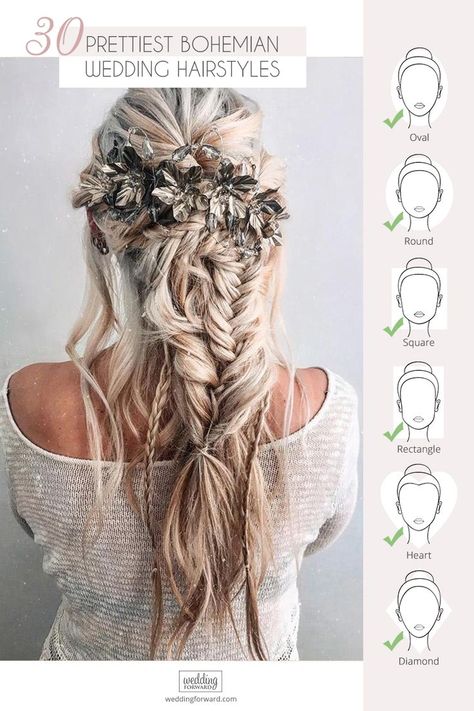 30 Prettiest Bohemian Wedding Hairstyles ❤ Already have a boho wedding dress but still dont know what to do with your hair? Look through our gallery of bohemian wedding hairstyles. #wedding #bohemianbride #bohowedding #bohemianweddinghairstyles Bohemian Wedding Hairstyles, Summer Wedding Makeup, Bohemian Wedding Hair, Rustic Wedding Decorations, Nutrition Quotes, Flowers In Her Hair, Boho Wedding Hair, Boho Hair, Fitness Exercises