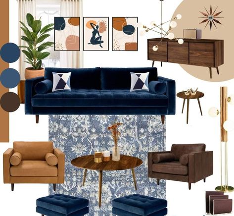 Transitional Living Room Blue Couch, Navy Brown And Grey Living Room, Navy Blue And Cognac Living Room, Blue Suede Couch Living Rooms, Living Room Designs Blue Sofa, Navy Sofa Boho Living Room, Denim Blue Couch Living Room, Mid Century Modern Living Room Blue Sofa, Styling A Blue Couch