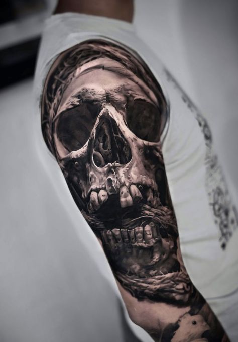 Masculine Skull Tattoo, Skull Tattoo Shoulder, Skull Shoulder Tattoo, Human Skull Tattoo, Realism Skull Tattoo, Mountain Sleeve Tattoo, Skull Drawing Tattoo, Evil Skull Tattoo, Black Skull Tattoo