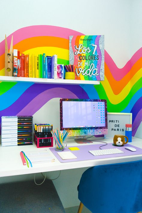 Lisa Frank Room, Craft Wardrobe, Colorful Craft Room, Colorful Office Space, Rainbow Office, Rainbow Mural, Bedroom Eclectic, Rainbow Bedroom, Living Room Murals