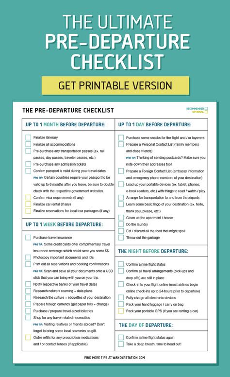 The ultimate pre-departure checklist - from finalizing your itinerary, to confirming visa requirements, to purchasing travel insurance, to packing your carry-ons. Know all the when and what's before your trip! | Travel Tips Before You Travel Checklist, Before Travel Checklist, Travel Insurance Tips, Pre Trip Checklist, Holiday Travel Tips, Pre Travel Checklist, Travel Planning Checklist, Pre Vacation Checklist, Manual Driving