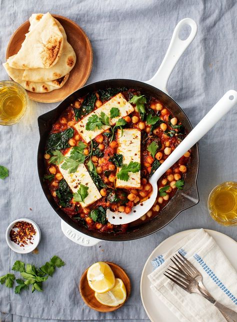 Baked Feta with Chickpeas & Kale Recipe - Love and Lemons Baked Feta Recipe, Chickpea Recipes Easy, Spinach Vegan, Vegetarian Brunch, Shakshuka Recipes, Baked Feta, Vegan Chickpea, Easy Vegetarian Dinner, Feta Recipes