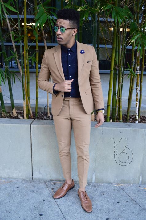 The Color of the season: Camel  Mr. Shipp in a H&M 2 piece Camel Suit. Accented with a Shipp and 36th lapel flower. https://www.etsy.com/listing/256494860/deep-royal-blue-daisy-lapel-flower?ref=shop_home_active_4  #mensstyle, #mensfashion, #mensfashionreview, #lapelflower Camel Suit Mens, Khaki Suit Men Outfit, Men Graduation Outfit, Nehru Jacket For Men, Slim Cut Jeans, Khaki Suit, French Tuck, Graduation Suits, Suit Brown