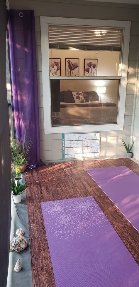 Enclosed balcony #yoga and #meditation space #purplelife #privatespaces #serenity Purple Yoga Room, Balcony Yoga, Yoga Space Ideas, Outdoor Yoga Space, Yoga And Meditation Space, Enclosed Balcony, Tattoo Modern, Purple Yoga, Relaxation Space