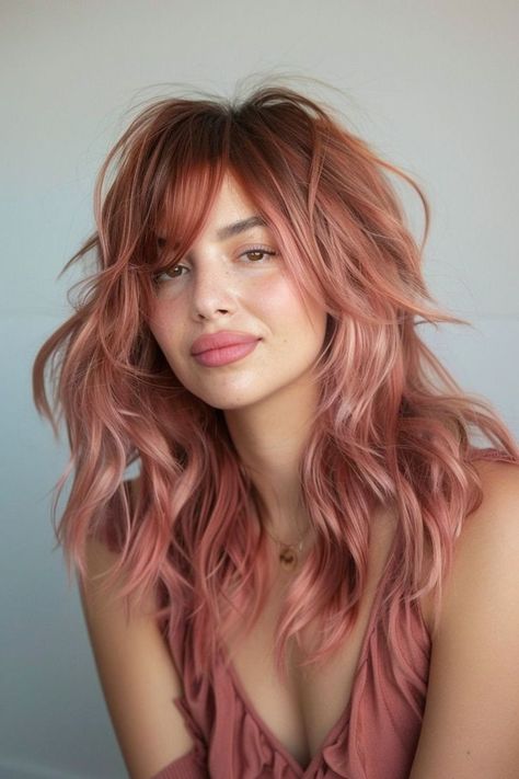 Rose Gold Hair Makeup, Rose Gold Copper Hair Color, Curly Peach Hair, Late Summer Hair Color Ideas, Rose Gold Hair With Curtain Bangs, Rose Peach Hair, Rose Gold Peach Hair, Red Pink Ombre Hair, Cherry Blonde Balayage