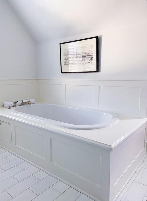 painted over cultured marble white bath tub surround on white tile floor Bathtub Surround Ideas, Tile Around Tub, Bathtub Tile Surround, Tub Surround Ideas, Bath Surround, Marble Bathtub, Tub Remodel, Bathtub Surround, Marble Tub