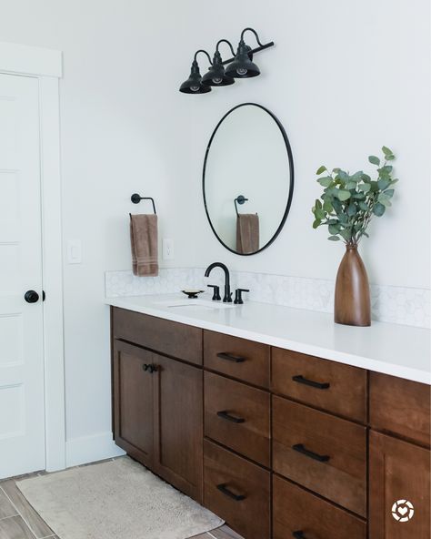 Start your morning refreshed in a modern and updated bathroom.  .  Download the LIKEtoKNOW.it app to shop this pic via screenshot http://liketk.it/2ykwa  .  #liketkit #LTKhome @liketoknow.it.home @liketoknow.it Bathroom Shiplap, Brown Vanity, Brown Bathroom Decor, Bathroom Cabinets Designs, Bathroom Accent Wall, Shiplap Accent Wall, Diy Shiplap, Farmhouse Master, Brown Bathroom