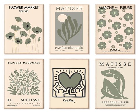 PRICES MAY VARY. 【Sage Green Matisse Wall Art Prints】 The size of the sage green Matisse canvas wall art set is: 8x10inch (20x25cmx6pcs). With abstract style and comfortable sage green color, the modern green Matisse gallery wall art is the best choice for Housewarming gifts or gallery decoration. 【Pefect Matisse Posters for Room Decor】 The art poster set is a mix of fashion themes such as Matisse posters, flower market prints, unique and elegant. With natural green color, the sage green flower Green Matisse, Sage Green Flowers, Matisse Wall Art, Floral Wall Art Prints, Matisse Paintings, Paintings Pictures, Wall Decor Minimalist, Minimalist Flower, Green Wall Decor