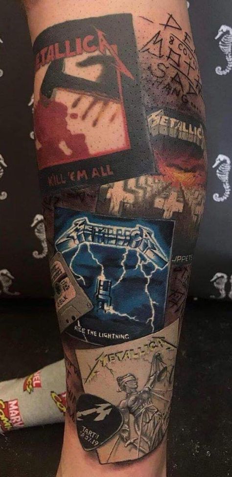 Injustice For All Metallica Tattoo, Metallica Traditional Tattoo, Album Cover Tattoo Sleeve, Heavy Metal Tattoo Sleeve, Tattoo Ideas Metallica, Metallica Sleeve Tattoo, Metallica Star Tattoo, Metal Style Tattoo, Metalica Tattoo Designs