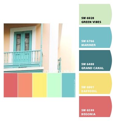 Porch Color Palette, Sherwin Williams Tiki Hut Exterior, Key West House Exterior, Key West Exterior House Colors, Key West Bedroom Ideas, Margaritaville Color Palette, Key West Color Palette, Fun Beach House Exterior Colors, Bright Beach Color Palette