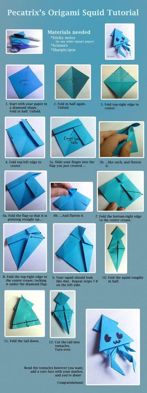 Calamar - Origami                                                                                                                                                                                 Más Sticky Note Origami, Origami Step By Step, Tutorial Origami, Origami Dress, Origami Fish, Origami Love, Origami And Kirigami, Origami Patterns, Origami Butterfly