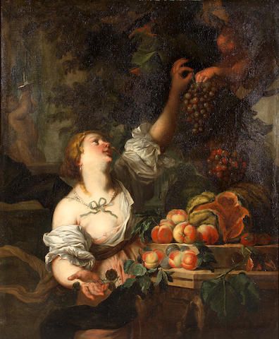 Attributed to Abraham Brueghel (Antwerp 1631-1690 Naples) A still life of peaches and melons on a stone ledge with a lady holding a bunch of grapes ?signed 'ABrueghel fecit' (strengthened, lower right) oil on canvas Libra Artwork, Living Deliciously, Fae Creatures, Gorgeous Paintings, Grape Painting, Peach Paint, Bunch Of Grapes, Fat Art, Grape Harvesting