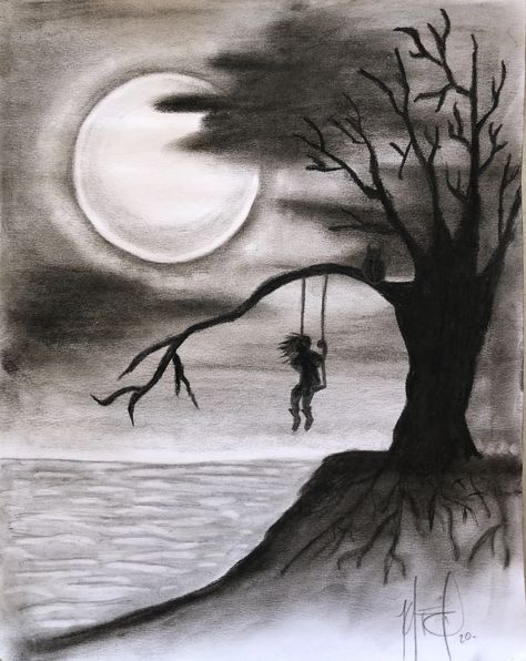 Charcoal Art Simple, Person Hanging From Rope Drawing, Drawing Cliffs, Night View Drawing, Charcole Sketch Easy, Sketches With Deep Meanings, Tree Charcoal Drawing, Simple Charcoal Drawing, Night Scenery Drawing