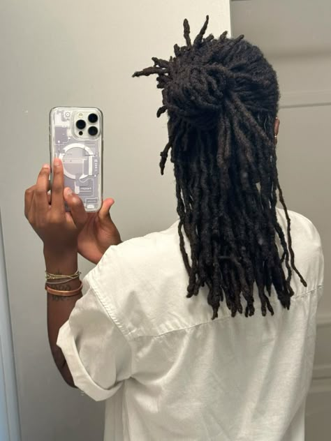 #locstyles #locs #locbun 5 Year Loc Journey, Dreadlocks Half Up Half Down, Masc Loc Hairstyles, Medium Long Loc Styles, Loc Hair Growth, Loc Hairstyles For Work, Beanie Over Locs, Updos For Medium Length Locs, Brotherlocks Men