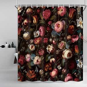 Dark Floral Shower Curtain, Cottagecore Bathroom, Tiny Half Bath, Botanical Shower Curtain, Flower Bathroom, Shower Curtain Black, Hooks For Bathroom, Floral Bathroom, Floral Shower Curtain