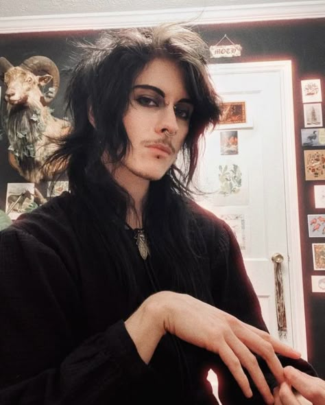 Long Shaggy Mullet Men, Long Masc Hairstyles, Gothic Hairstyles Men, Goth Hairstyles Men, Vampire Hairstyles Men, Masc Faceclaims, Black Haired Man, Men With Black Hair, Long Black Hair Men