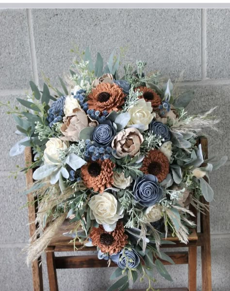 Dusty Blue And Brown Wedding, Rust Bridesmaid Bouquet, Dusty Blue Terracotta Wedding, Terracotta And Dusty Blue Wedding, Fall Boho Wedding Flowers, Dusty Blue And Terracotta Wedding, Greenery Corsage, Fall Bridal Bouquet October, Dry Wedding