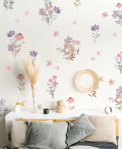 Watercolor Flower Pink Violet Greenery Wall Decals Nature - Etsy Australia Flower Nursery Theme, Wild Flower Nursery, Greenery Wall, Floral Room, Rose Violette, Nature Stickers, Trendy Wallpaper, Boho Nursery, Wall Decal Sticker