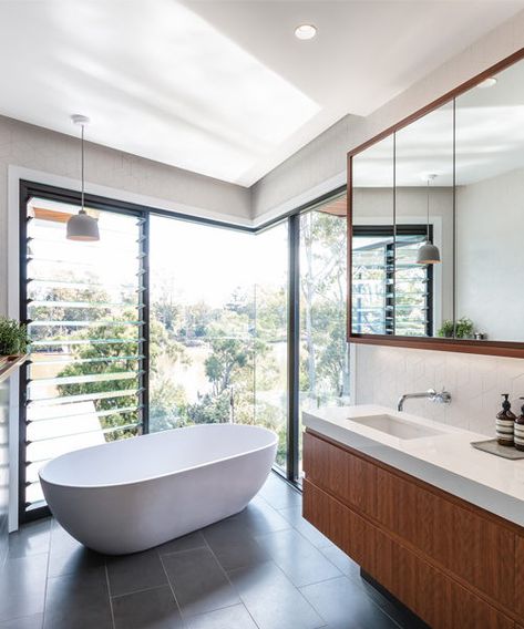 Arbour Reach | Base Architecture | Base Architecture | Brisbane - Australia Morden Bathroom Design Ideas, Timber Cabinetry, Styling Bathroom, Big Mirrors, Ensuite Design, Luxury Master Bathrooms, Elegant Vanity, Master Ensuite, House Construction Plan