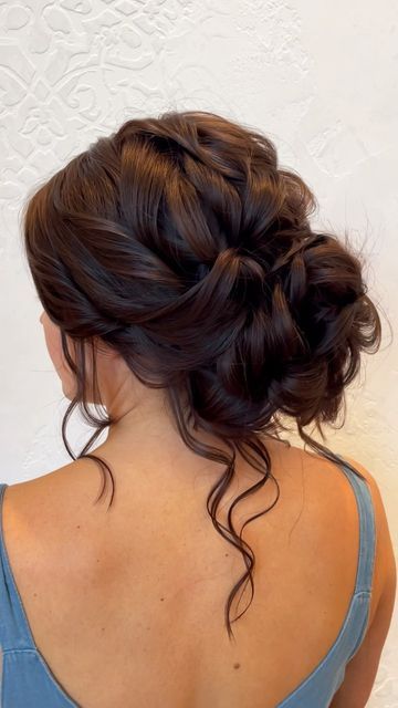 Bridal Hair Curled Updo, Low Bun With Loose Pieces, Wedding Updo Front And Back View, Updos With Hair Pieces, Fall Bridesmaid Updo, Textured Updo Wedding Brunette, Wedding Updo Strapless Dress, Low Messy Bun Wedding Hair Brunette, Wedding Hair For Keyhole Back Dress